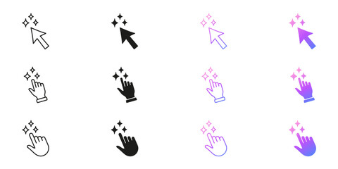 AI Click Cursor and Hand With Sparkle Icons Line and Solid Icon Set. Artificial Intelligence Interactive Pointer and Gesture Symbol Collection. Isolated Vector Illustration