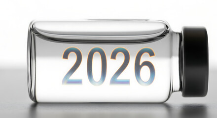 Year 2026 visualized within a clear vial, representing future medical advancements and scientific discovery.
