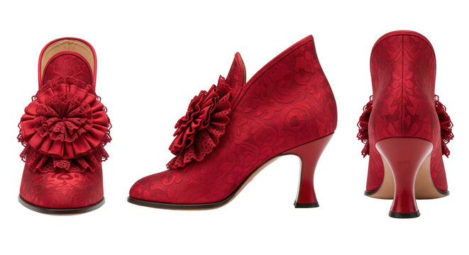 Vintage red victorian ankle boots with brocade fabric and ruffles shown in three views set