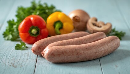 Fresh Raw Vegetarian Sausages Accompanied by Vegetables on a Light Blue Wooden Surface, Fiber-Dense Choice