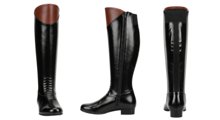 Black leather equestrian riding boot a classic professional footwear in multiple views set