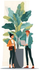 27. Casual interaction between business partners standing near a large indoor plant, holding coffee and laptop