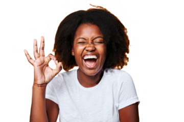 Happy young woman with curly hair in white t-shirt showing peace sign, smiling brightly, isolated on transparent background. Positive portrait
