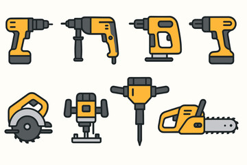 Fototapeta premium A set of icons for tools related to construction and repair. All icons are designed in orange and yellow colors with a simple design.
