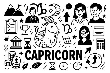 Capricorn zodiac doodle with goat symbol, people, and career-related icons in black and white hand-drawn style, Transparent Background