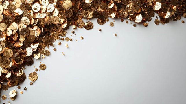 Sparkling gold sequins spread across a light background, creating a festive and glamorous atmosphere suitable for celebrations and decorative purposes