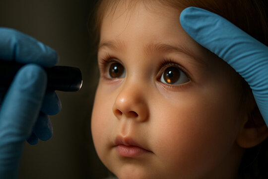 A doctor wearing gloves performs an eye examination on a young child using a small flashlight, capturing trust, care, and gentle medical attention.