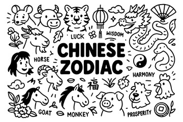 Chinese zodiac doodle with twelve animal symbols in cute black and white hand-drawn style, Transparent Background