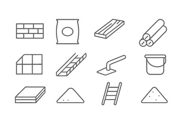 A set of 13 simple linear icons (pictograms) depicting building materials.