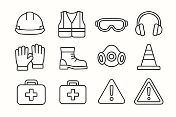 A set of 12 simple linear icons (pictograms) depicting personal protective equipment (PPE) and safety signs on construction sites.