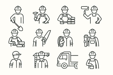 12 simple linear icons (pictograms) depicting builders and construction equipment. All characters wear protective helmets.