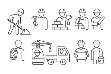 10 simple linear icons (pictograms) depicting builders and construction equipment. All characters wear protective helmets.