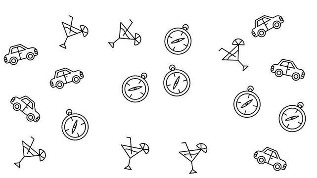 Black and white pattern of cars, cocktails, and compasses. Perfect for travelthemed designs, bar menus, and automotiverelated marketing materials.