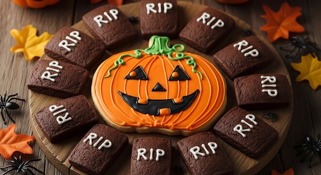 Halloween Chocolate Tombstone Cookies and Pumpkin Cookie Arrangement.