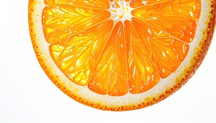 Close Up View of Vibrant Orange Slice Against White Background Showing Detailed Texture and Bright Colors for Healthy Eating
