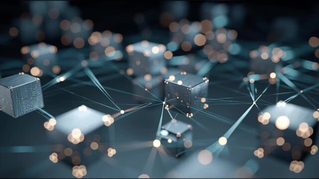 Futuristic blockchain data network with glowing cubes and digital connections, ultra realistic AI concept background - Powered by Adobe