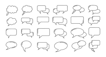 Fototapeta premium Collection of diverse thin line speech bubbles and thought clouds, symbolizing communication, dialogue, and conversation, perfect for web, books, cards, and apps, editable stroke, vector cartoon