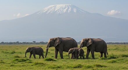 Herd of Elephants Walking Across a Grassy Plain with Mount Kilimanjaro in the Background.
