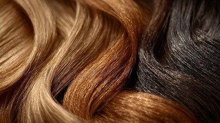 Naklejka premium Extreme close-up photo shows a variety of healthy, luscious hair types, from brunette waves to blonde balayage, highlighted by soft studio light.