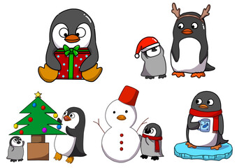 Cute Baby Penguin and Snowman Illustration Set
