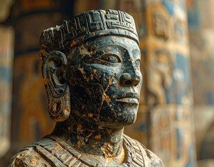 Close Up Weathered Dark Stone Statue Head Ancient Mayan Sculpture