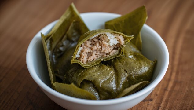 Savory sticky rice dumplings wrapped in bamboo leaves served in a white bowl, filled with flavorful meat