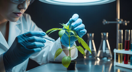 Botanist injecting liquid into leaves of seedling in laboratory