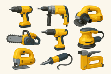 A set of power tool icons. All icons are rendered in a three-dimensional style using colors such as yellow and black.