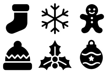A festive collection of six black Christmas-themed silhouettes, including a stocking, snowflake, gingerbread man, winter hat, holly leaves with berries, and a Christmas ornament. This minimalist icon 
