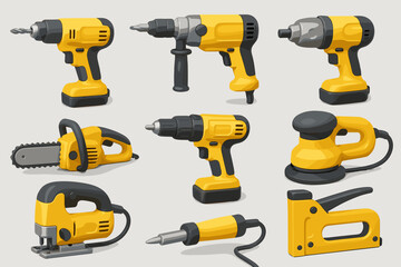 A set of power tool icons. All icons are rendered in a three-dimensional style using colors such as yellow and black.