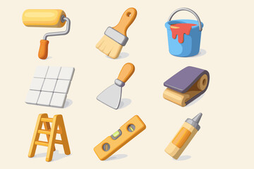 A set of icons related to repair and surface finishing. All icons are rendered in a three-dimensional style using colors such as yellow, orange, gray, blue, and red.
