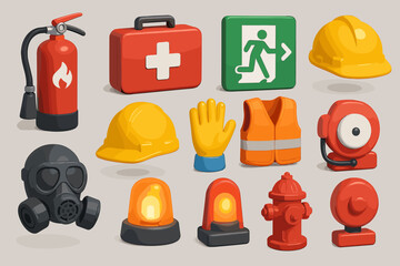 A set of icons related to safety and emergencies. All icons are rendered in a three-dimensional style using colors such as red, yellow, green, gray, and black.