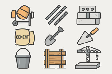 A set of icons related to building materials and equipment. All icons are designed in a simplified style using colors such as orange, gray, and brown.