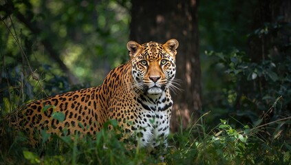 Obraz premium Dominant male leopard in a forest setting, showcasing territorial behavior