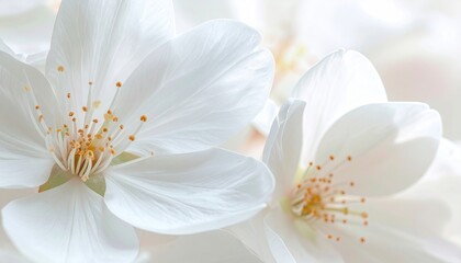Close Up White Blossoms with Delicate Petals and Golden Stamens Floral Beauty Under Bright Lighting a Springtime Macro Still Life Wallpaper