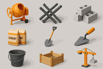 A set of icons related to building materials and equipment. All icons are rendered in a 3D style using colors such as orange, gray, brown, and black.