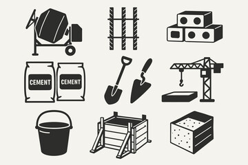 A set of icons related to building materials and equipment. All icons are made in black and white with a simple outline design.