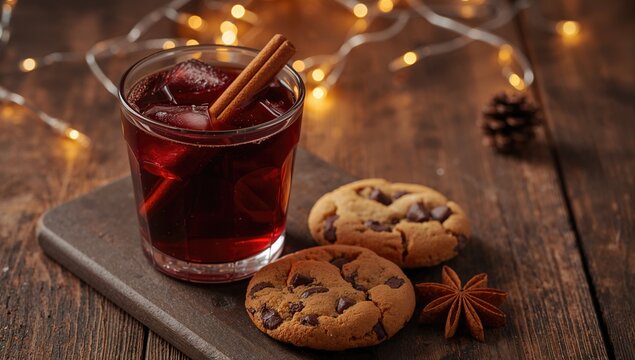 High angle view of a glass of red mulled wine with spices and chocolate chip cookies on a rustic wooden table, holiday ambiance