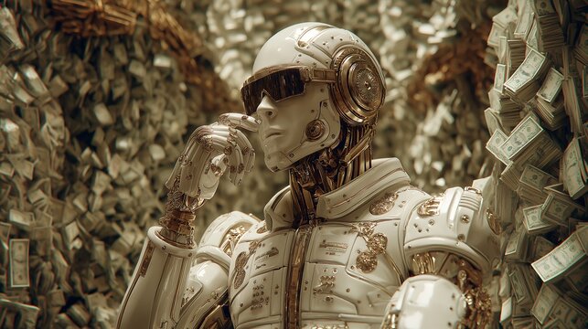 A futuristic AI robot counting money in a digital style
