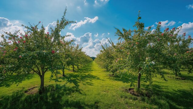 A sunny and vibrant day in a flowering orchard, seasonal change - Powered by Adobe