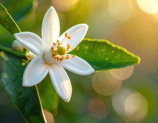 Close-up White Flower Blossom with Green Leaves in Sunlight