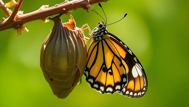 reintegration. A butterfly emerging from a broken chrysalis on a plant stem in natural light. wildlife magazines, conservation campaigns, designed for nature documentaries and education.