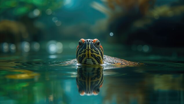 A red eared turtle surfaces from the water in an aquarium, observing its surroundings, World Turtle Day