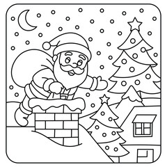 Santa Claus Going Down Chimney on Christmas Night – Holiday Coloring Page Illustration