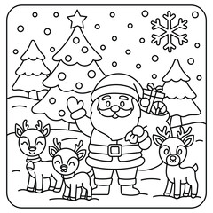 Fototapeta premium Santa Claus with Reindeer and Christmas Tree – Holiday Coloring Page Illustration
