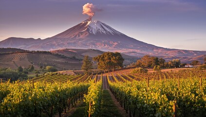 Vineyards in a rural area with a distant volcano, showcasing agricultural resilience amidst nature's power