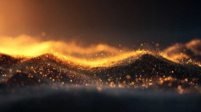 Sparkling Golden Particles on Dark Background Creating a Beautiful Abstract Texture with Soft Waves and Glowing Light Effects
