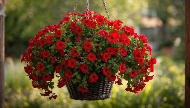Hanging Petunia Flower basket, vibrant blooms and lush foliage, enhancing garden aesthetics