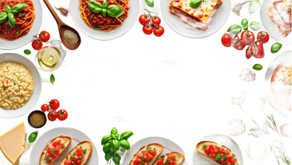 Flat lay healthy food layout with pasta, salads, grilled salmon, fresh vegetables, herbs, spices, and wine on white background. Mediterranean cuisine