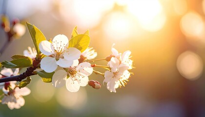 Close Up White Spring Blossoms on Branch with Bright Sunlight and Bokeh Background Floral Detail and Warm Tone